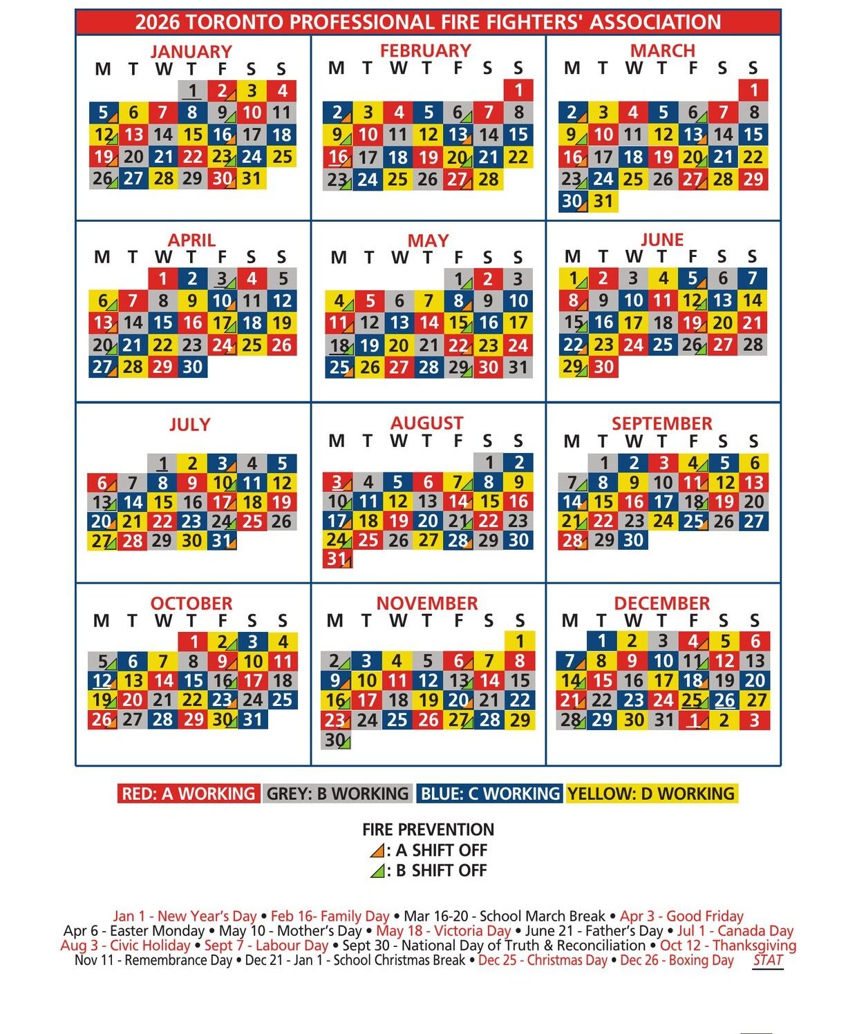 2026 Toronto Fire Services shift calendar